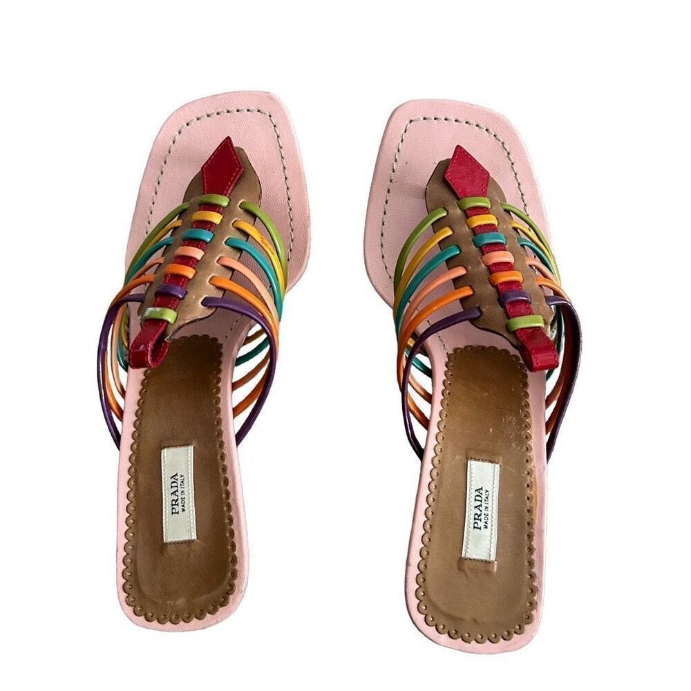 Prada Vera Cuoio Rainbow Strapped Kitten Heel Sandals - Picture 2 of 9